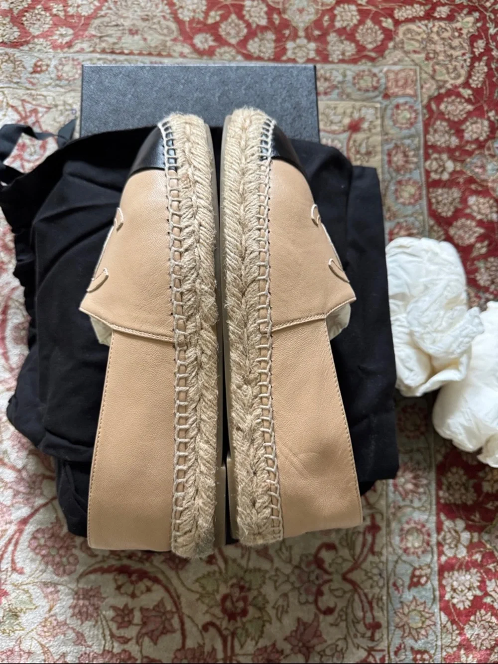 CHANEL Beige Leather Espadrilles with Black Toe Cap - Picture 5 of 6